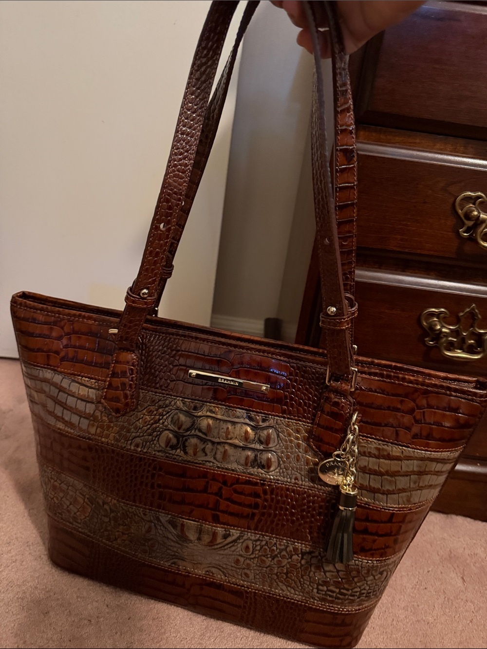 Brahmin Chestnut Croc-Embossed Leather Tote with Tassel
